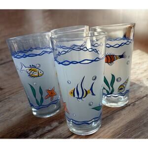 Vintage KIG Nautical Glass Tumbler (s) LOT OF 4 Tropical Fish Clear Frosted